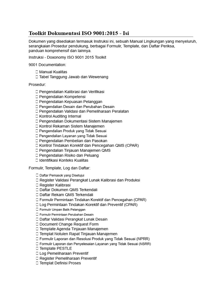 Toolkit ISO 9001:2015 Lengkap dan Praktis | PDF