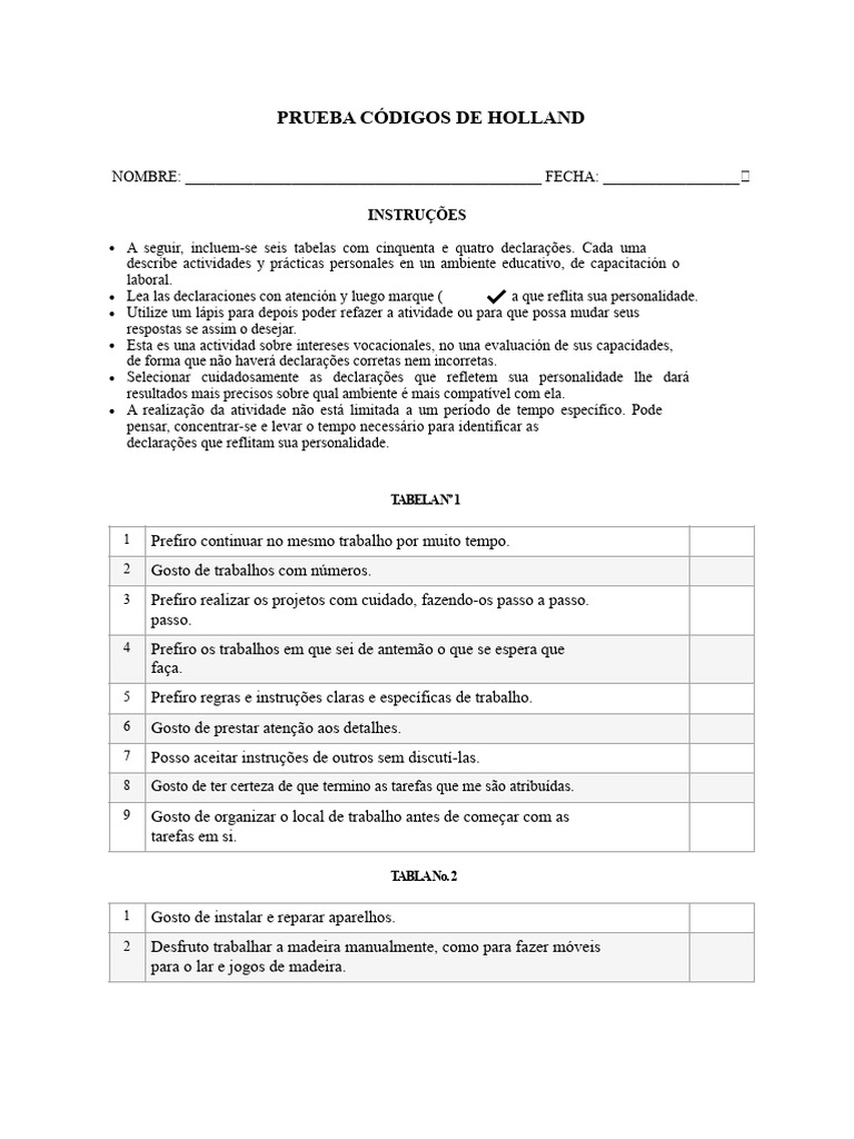 Teste de Códigos de Holland: Avaliação Vocacional | PDF | Comunicação ...
