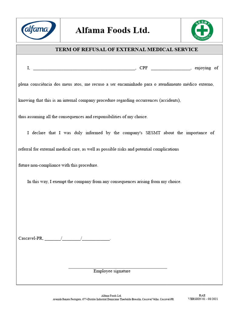 Alfama Foods Medical Service Refusal Form | PDF
