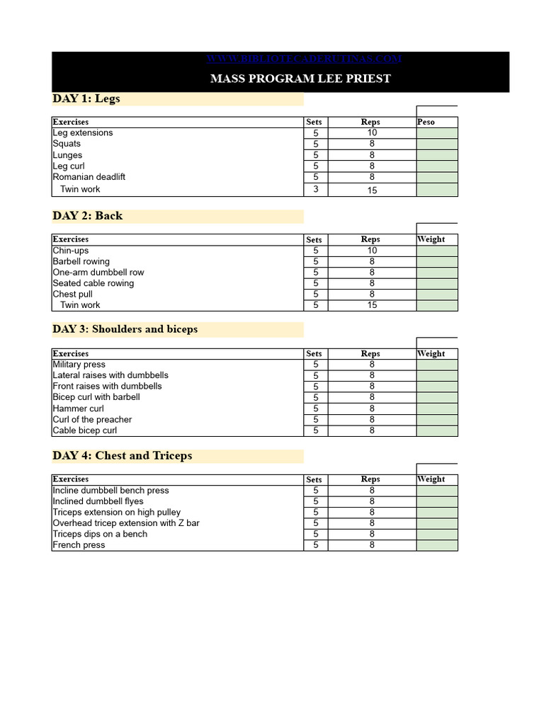 Lee Priest Mass Program Workout Plan | PDF | Weight Training | Strength ...