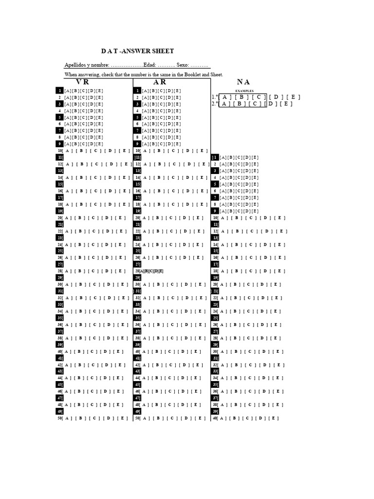 DAT Answer Sheet Template | PDF