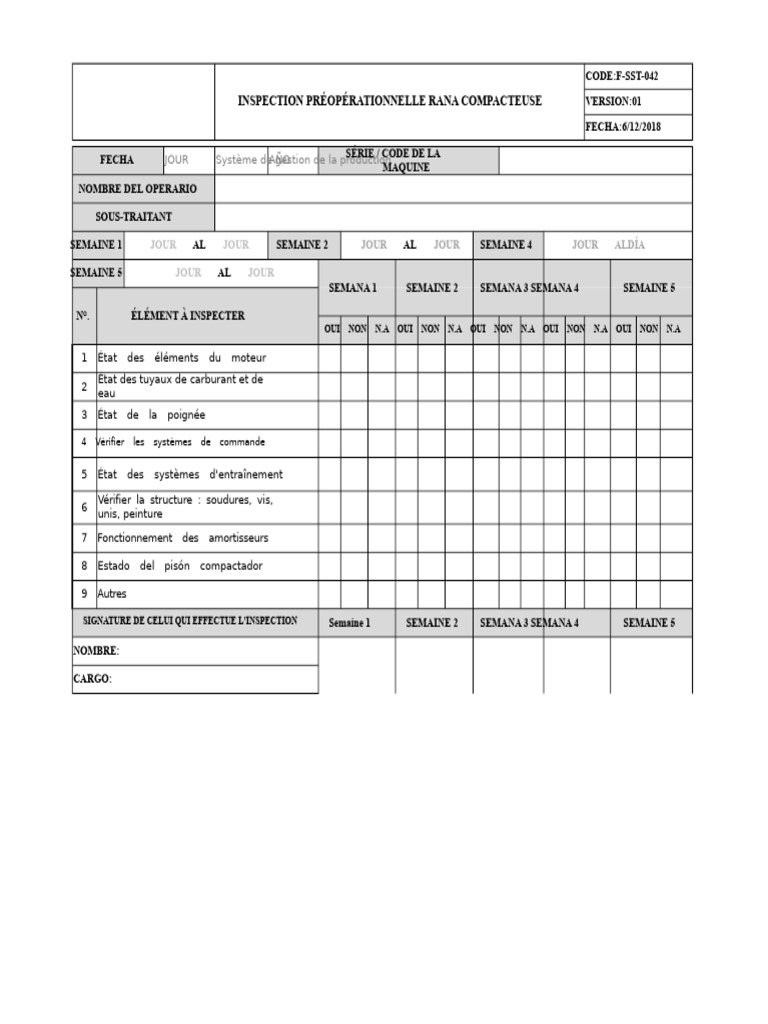 Inspection Préalable Compacteuse RANA | PDF