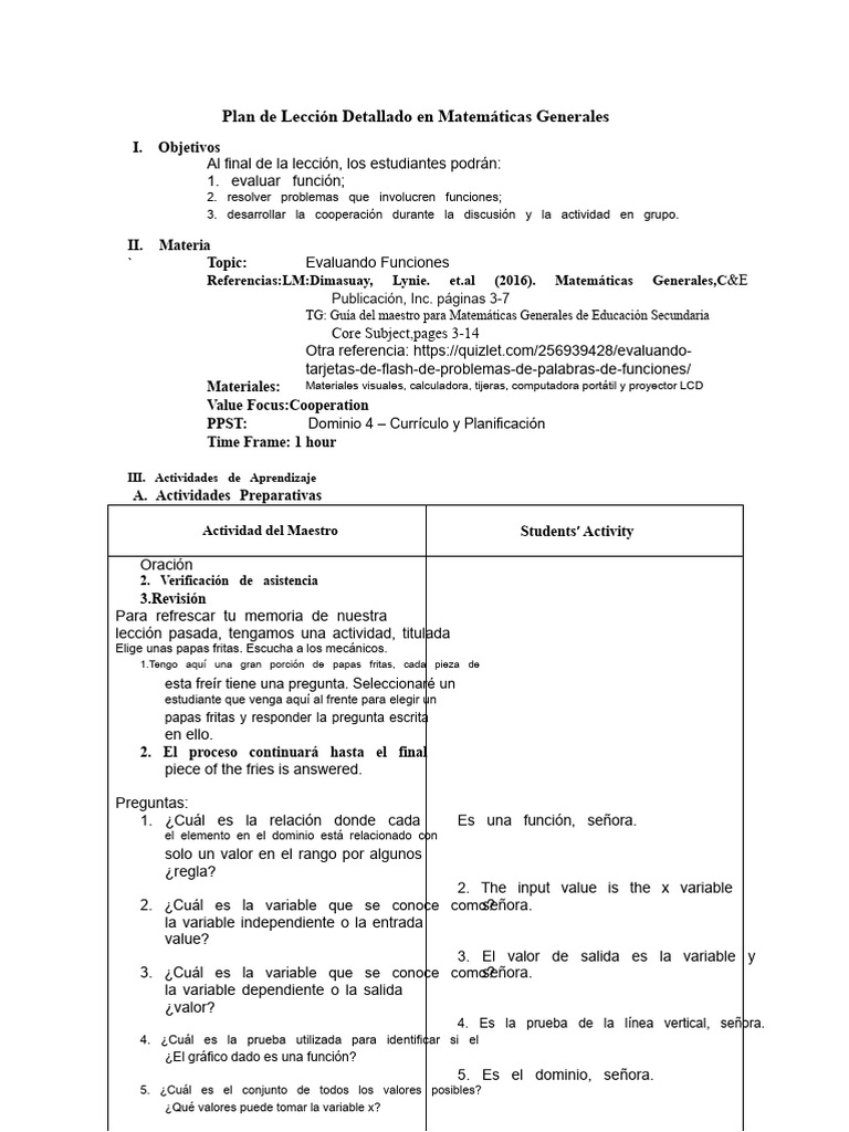 Plan de Lección Detallado en Matemáticas Generales | PDF | Función ...
