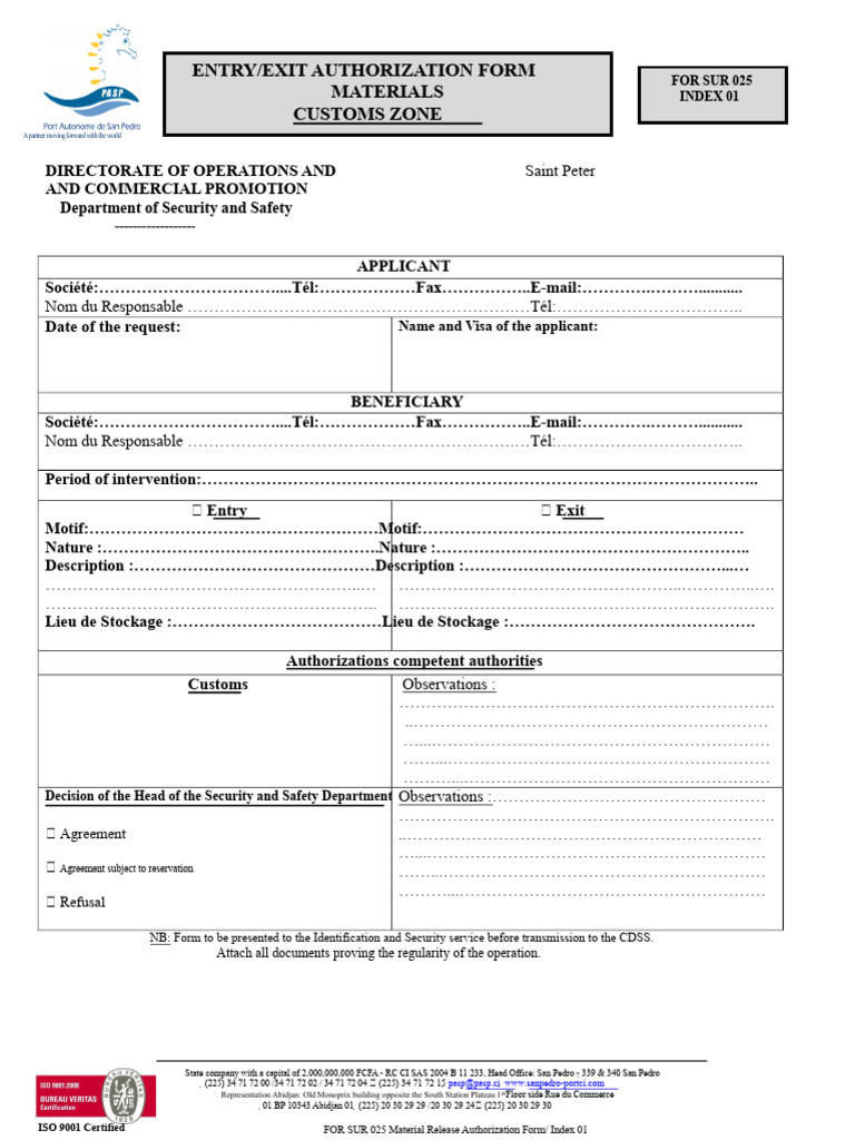 Entry/Exit Authorization Form Guide | PDF