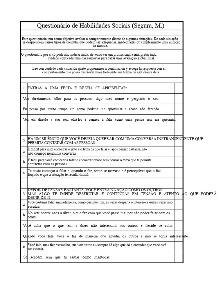 Questionário de Habilidades Sociais | PDF | Atitude (Psicologia ...