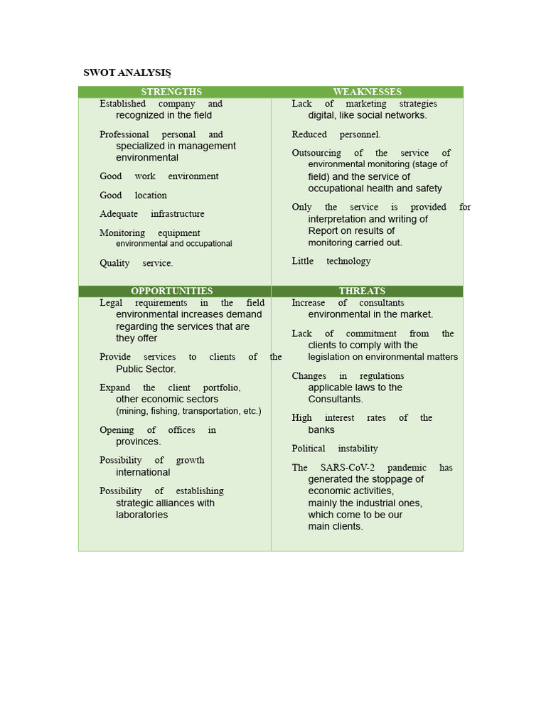 SWOT Analysis for Environmental Consulting | PDF | Regulatory ...