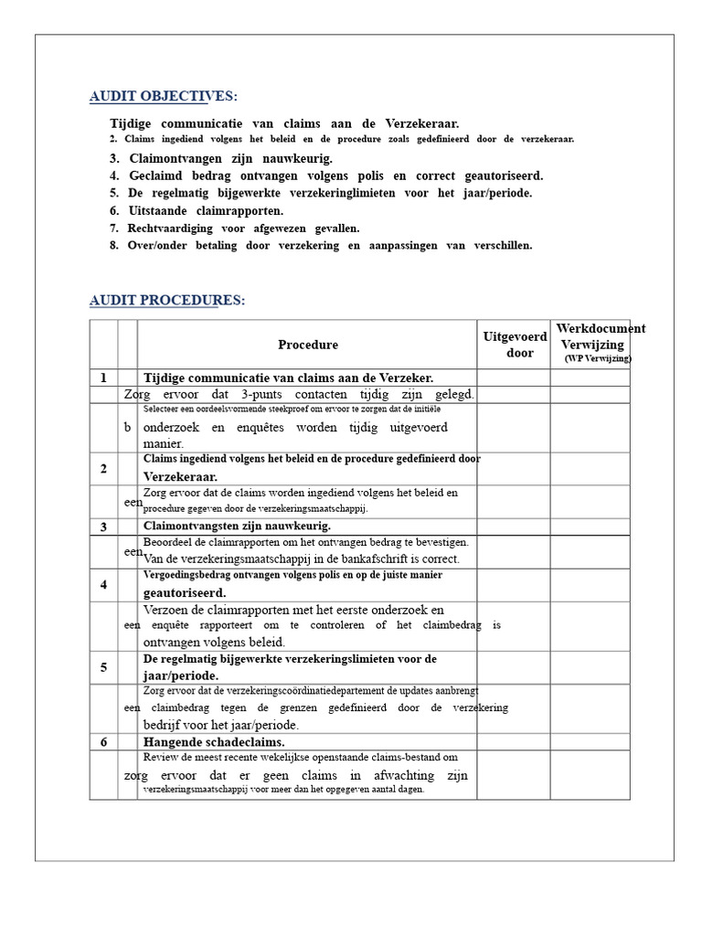 Verzekeringsclaims Auditprogramma | PDF