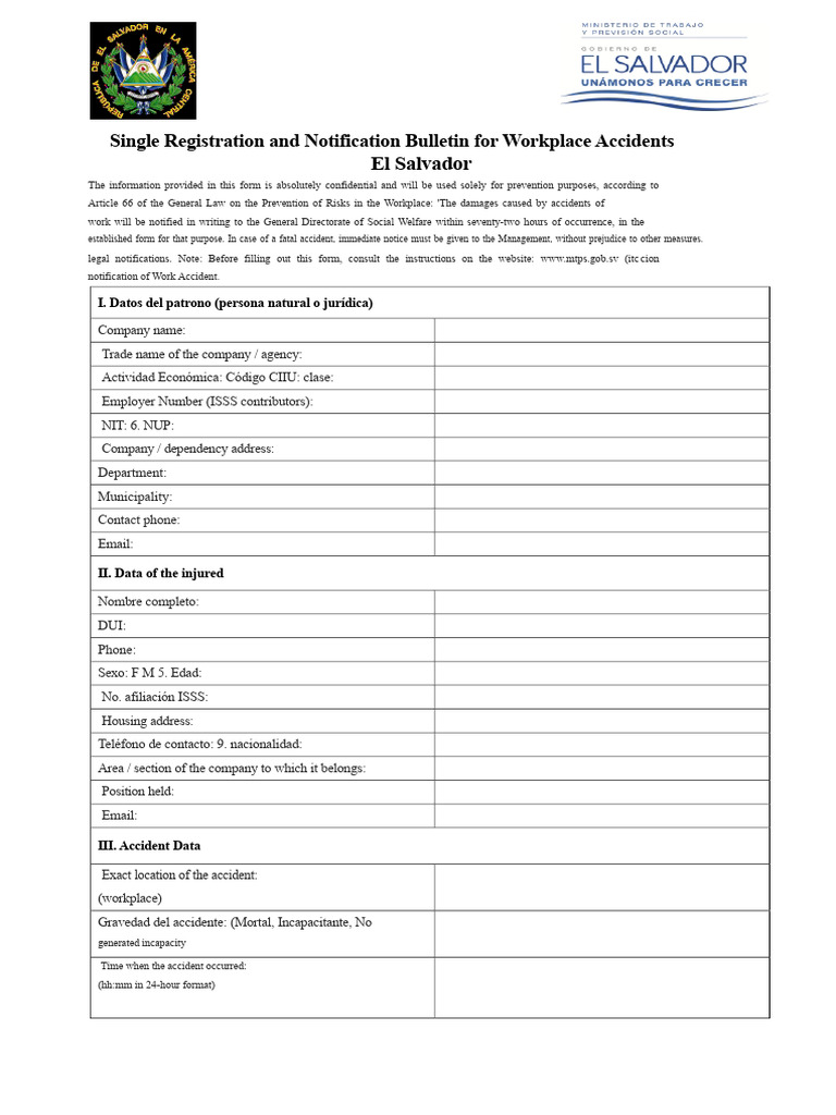Workplace Accident Registration Form El Salvador | PDF