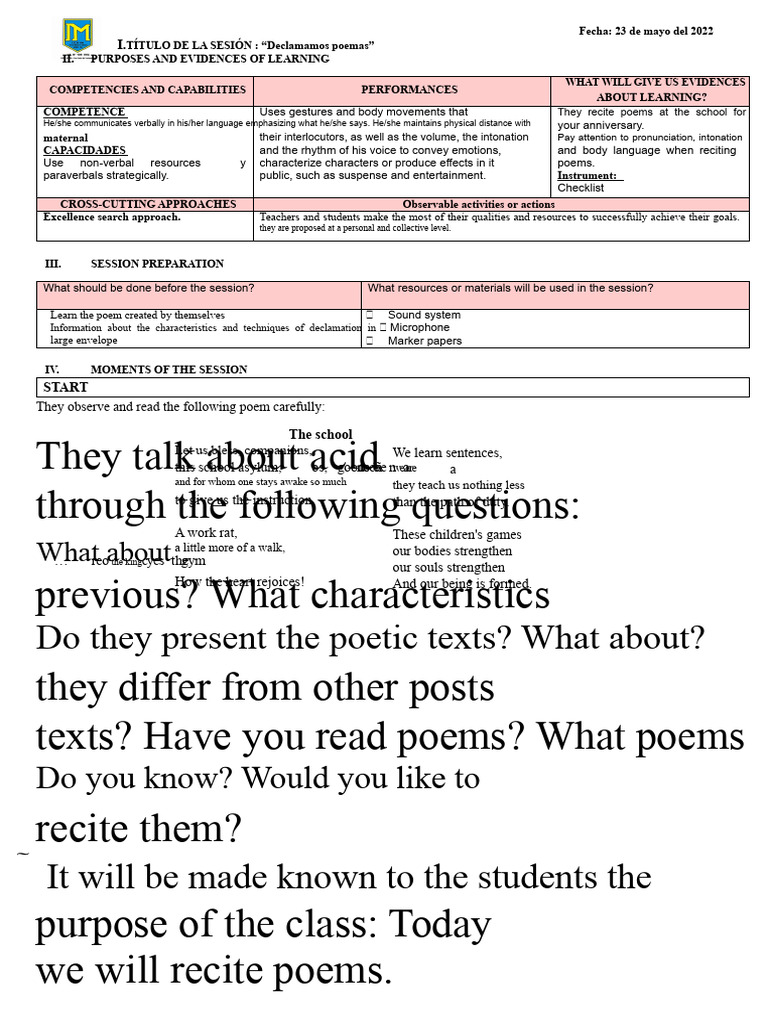 Poem Recitation Session Guide | PDF | Body Language | Nonverbal ...