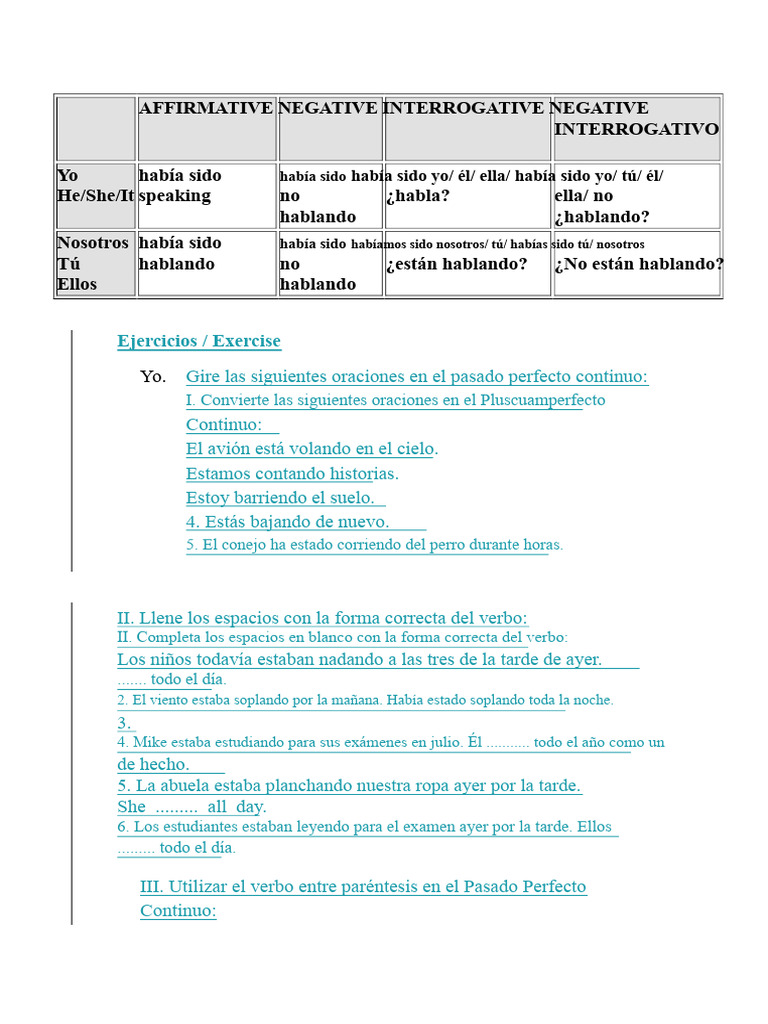 Ejercicios de Pasado Perfecto Continuo | PDF