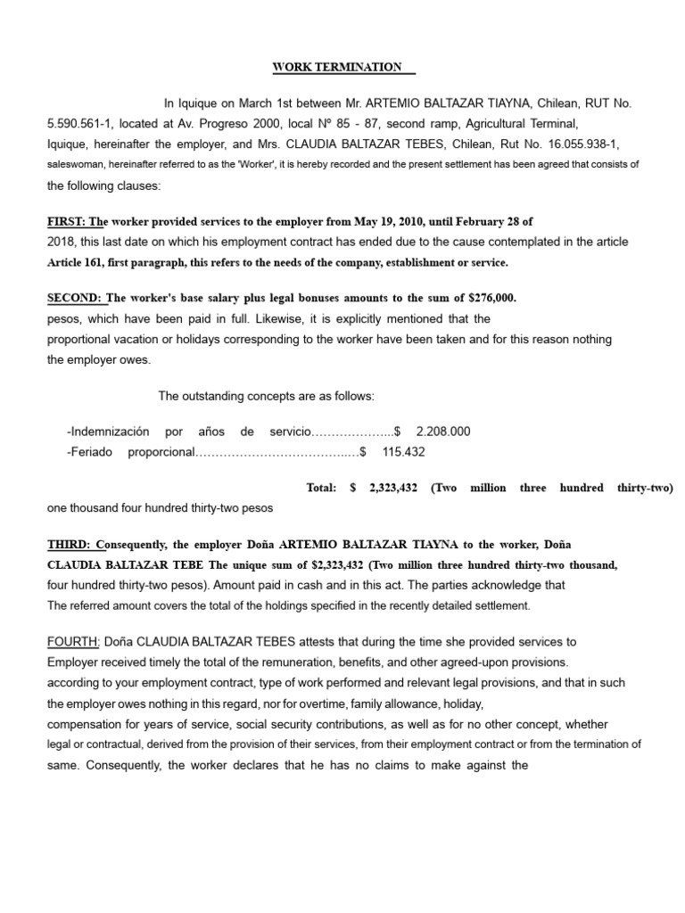 Work Termination Settlement Agreement | PDF | Employment | Business Law
