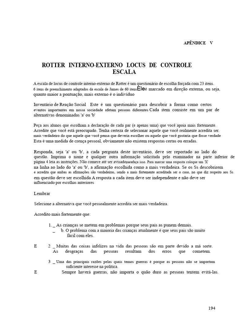Escala de Locus de Controle de Rotter | PDF | Sorte | Liderança