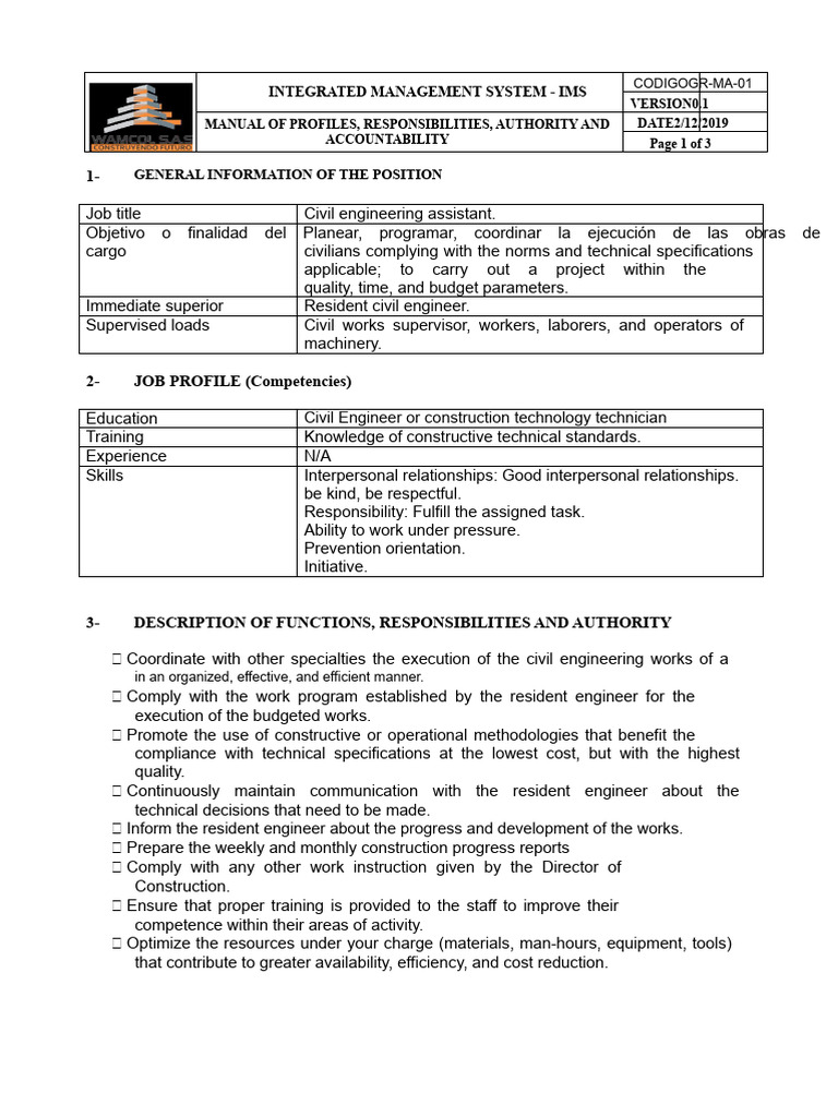 Civil Engineering Assistant Job Manual | PDF | Occupational Safety And ...