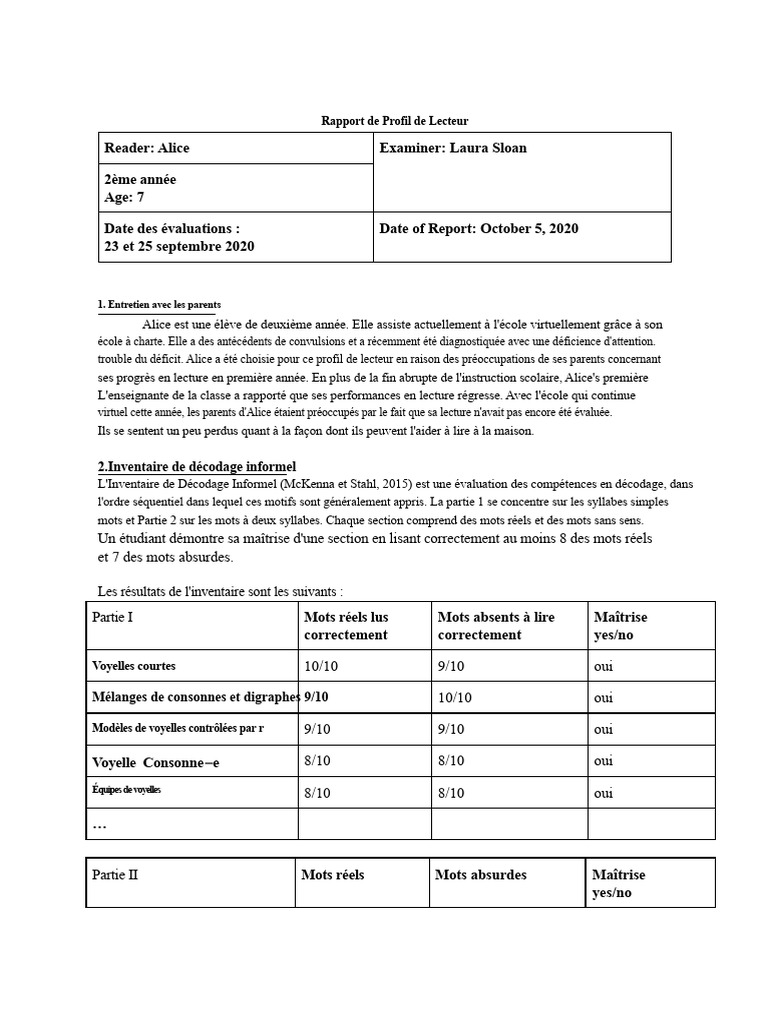 Profil de lecture d'Alice en 2e année | PDF | Syllabe | Méthodes d ...