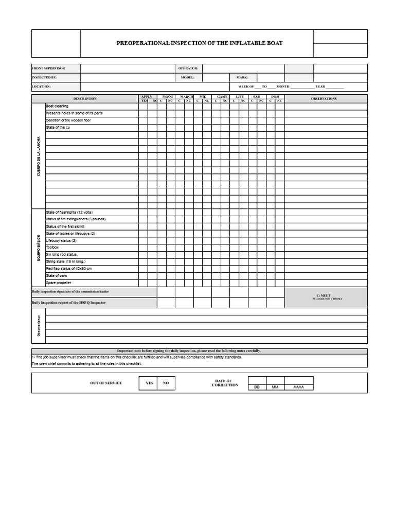 Inflatable Boat Preoperational Inspection Checklist | PDF