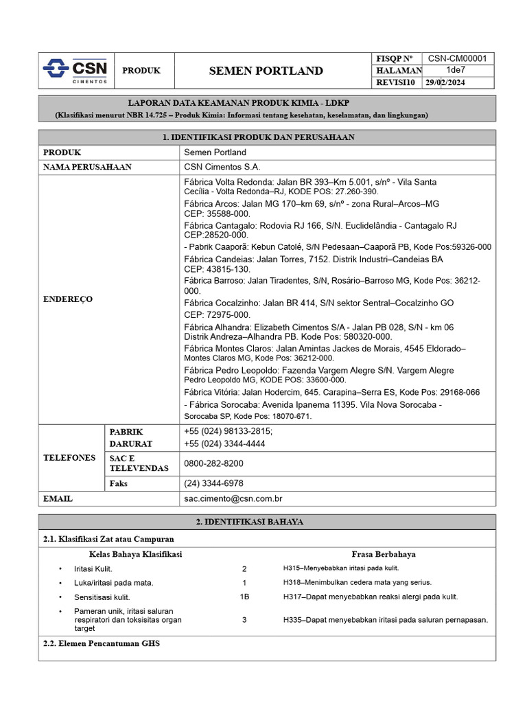 Laporan Keamanan Semen Portland CSN | PDF