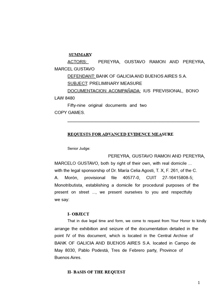 1 Request Preliminary Evidence Measure | PDF | Banks | Buenos Aires