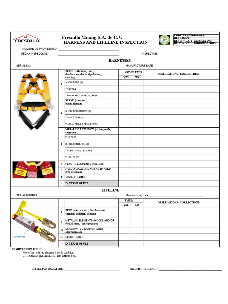 Harness and Lifeline Inspection Checklist | PDF