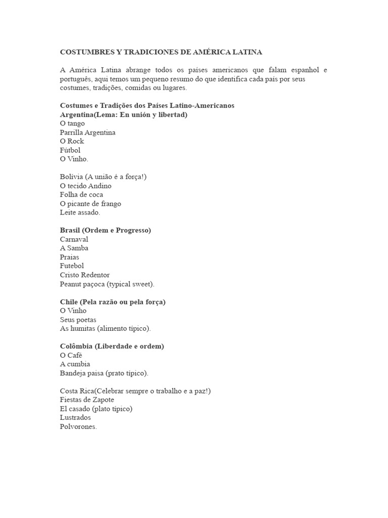 Costumes e Tradições da América Latina | PDF
