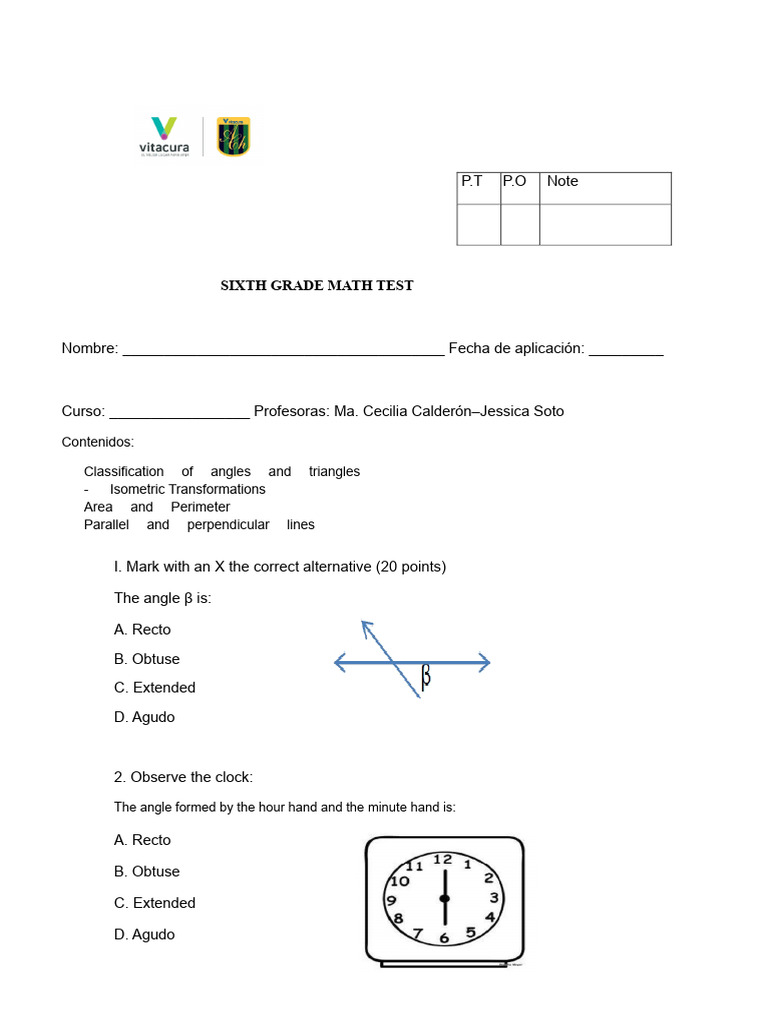 Sixth Grade Math Test Questions | PDF | Triangle | Area
