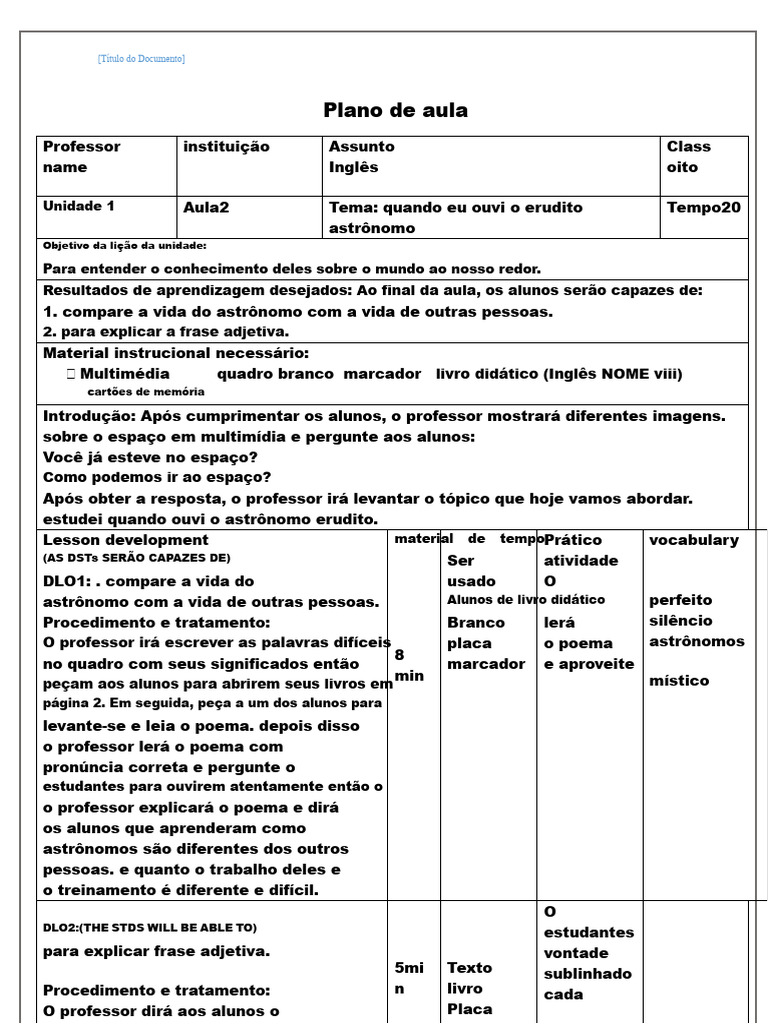 Plano de aula 1 em inglês | PDF