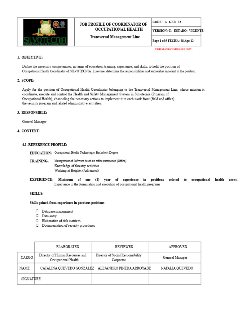 Job Profile of Occupational Health Coordinator | PDF | Occupational ...