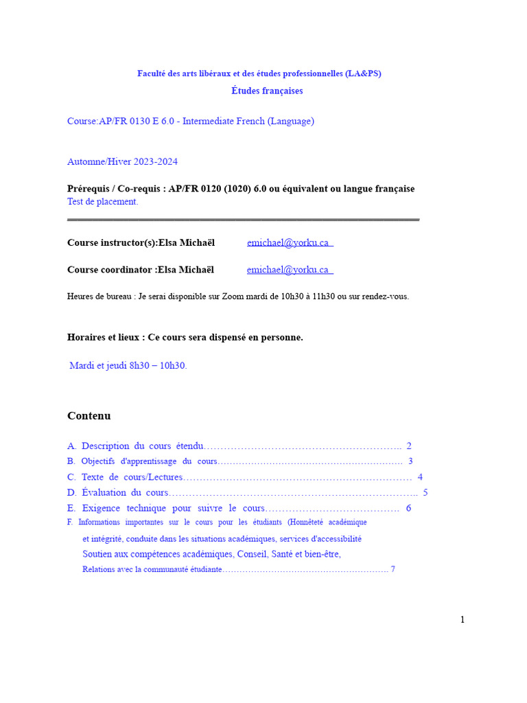 Cours de français intermédiaire AP/FR 0130 | PDF | Langue française ...