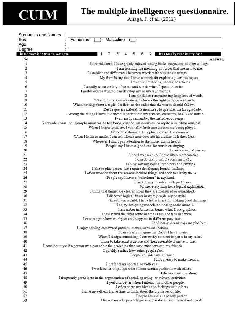 Multiple Intelligences Questionnaire | PDF | Feeling | Cognition