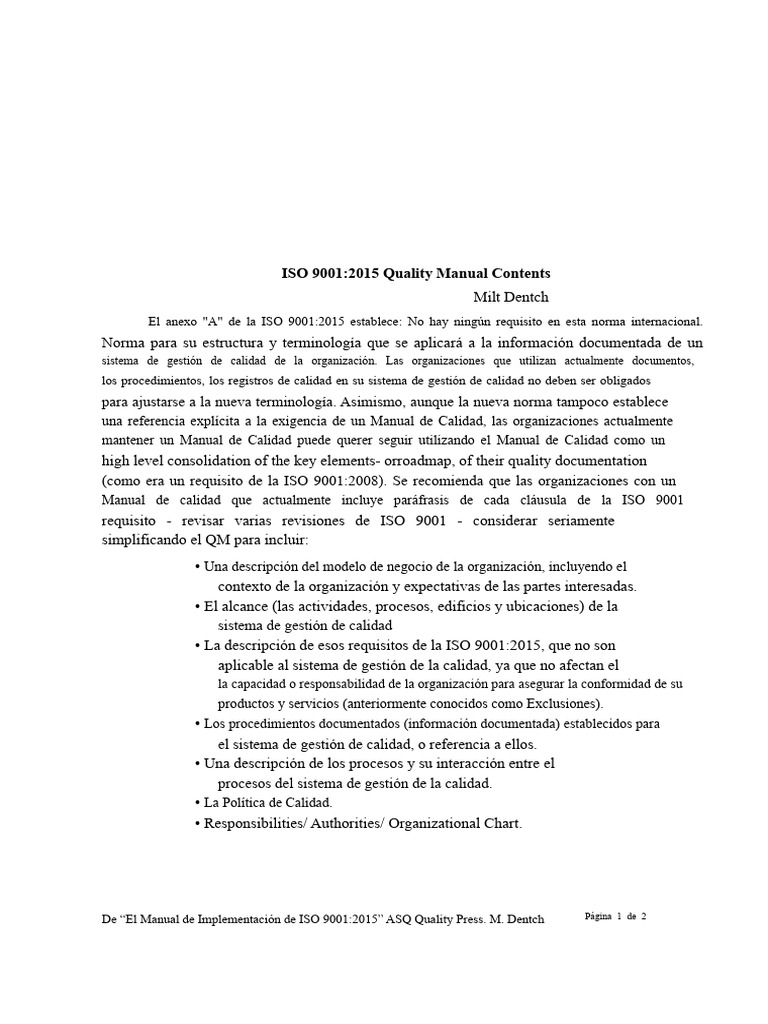 Contenido del Manual de Calidad ISO 9001:2015 | PDF | Calidad ...