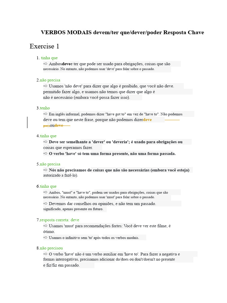 1. VERBOS MODAIS dever:ter que:dever:devia Gabarito | PDF