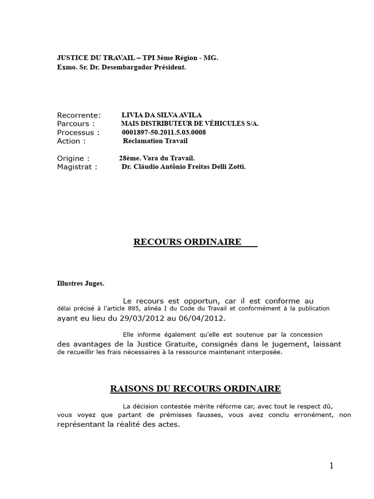 Recours Ordinaire en Droit du Travail | PDF | Avocat | Heures ...