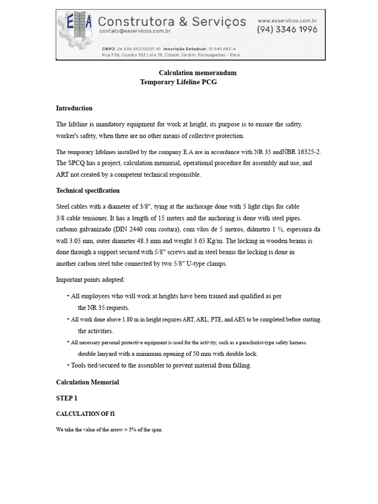 Temporary Lifeline Calculation Memo | PDF | Force | Stress (Mechanics)
