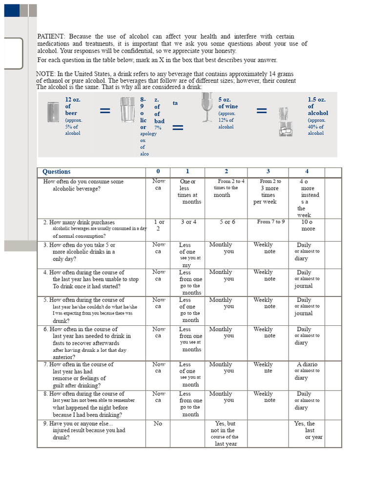 Alcohol Use Assessment Questionnaire | PDF | Alcoholic Beverages | Drink