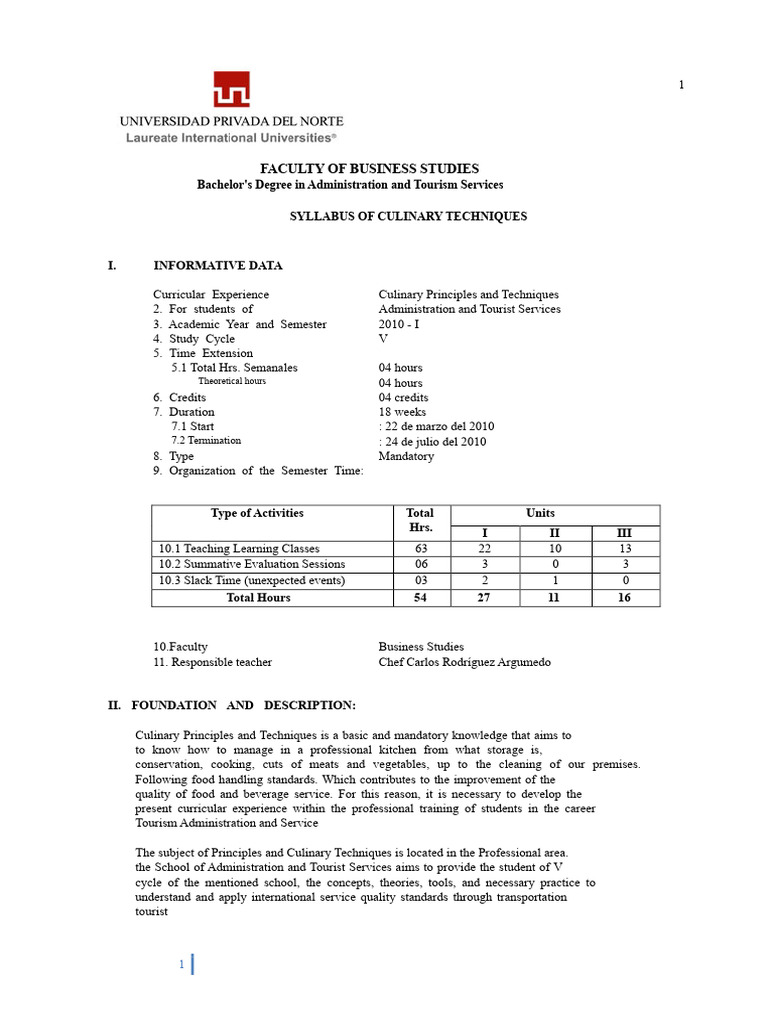 Culinary Techniques Syllabus Overview | PDF | Kitchen | Cooking