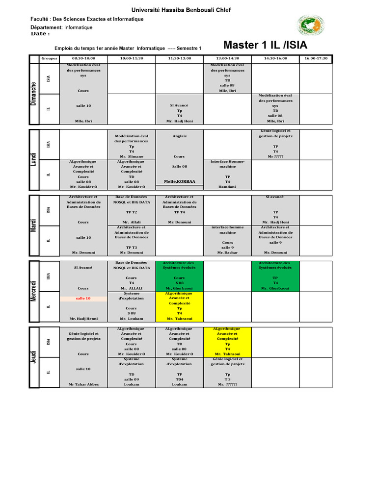 Emploi du temps Master Informatique 1ère année | PDF | Bases de données ...