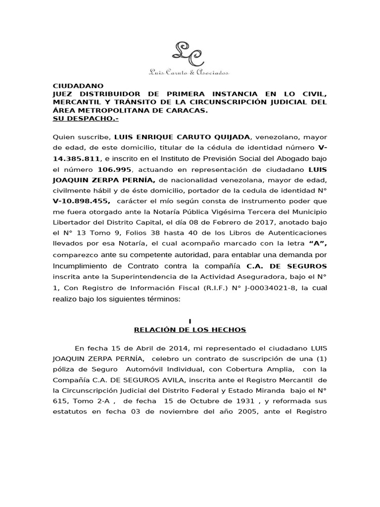 Demanda Abg Caruto 2 | PDF | Póliza de seguros | Seguro