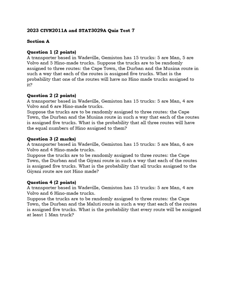 2023 Stat3029a and Civn2011a Quiz Test 7 | PDF | Probability Theory ...
