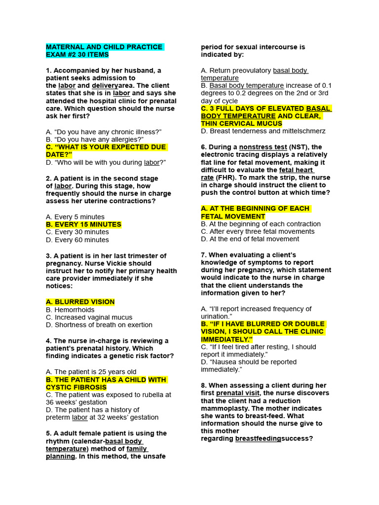 Maternal and Child Nursing Exam Review | PDF | Childbirth | Pregnancy