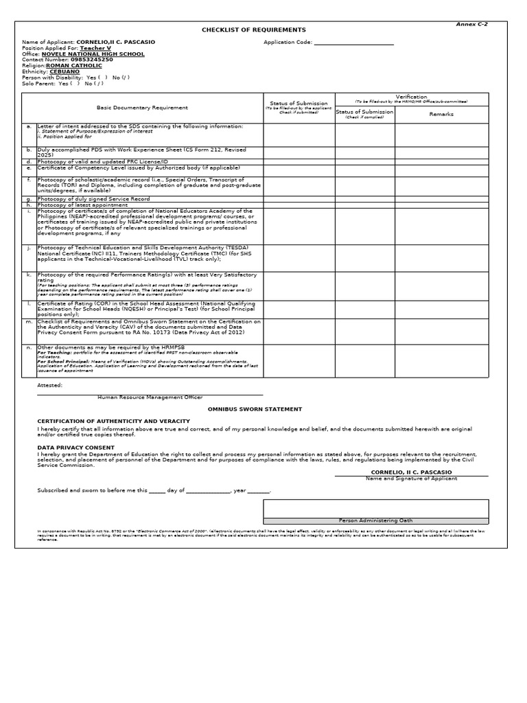 Teacher Application Requirements Checklist | PDF | Verification And ...