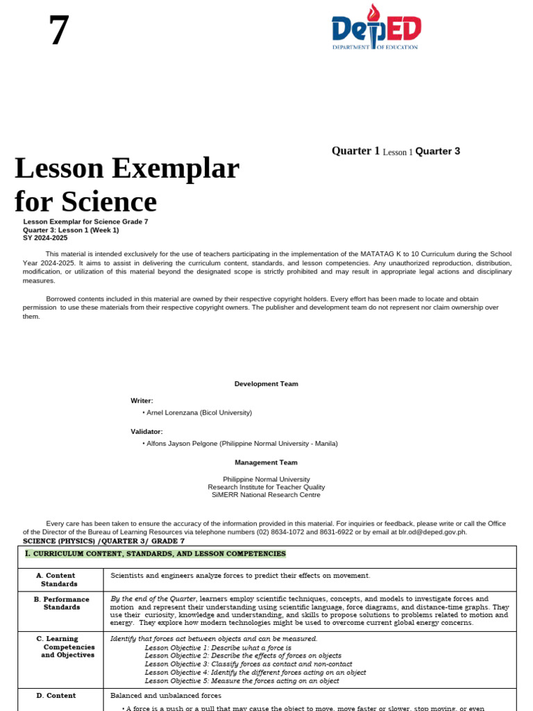 Grade 7 Science: Forces and Motion Lesson | PDF | Force | Measurement