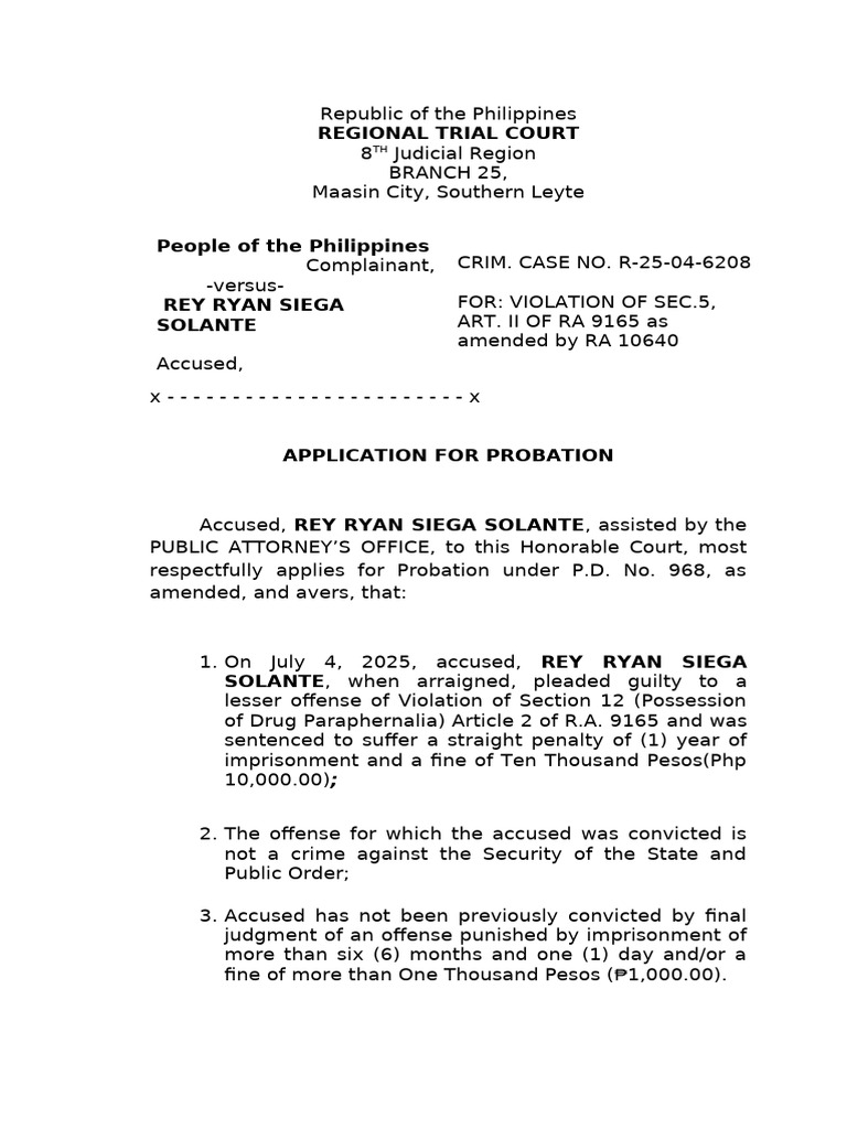 Application for Probation: Rey Ryan Solante | PDF | Probation | Fine ...