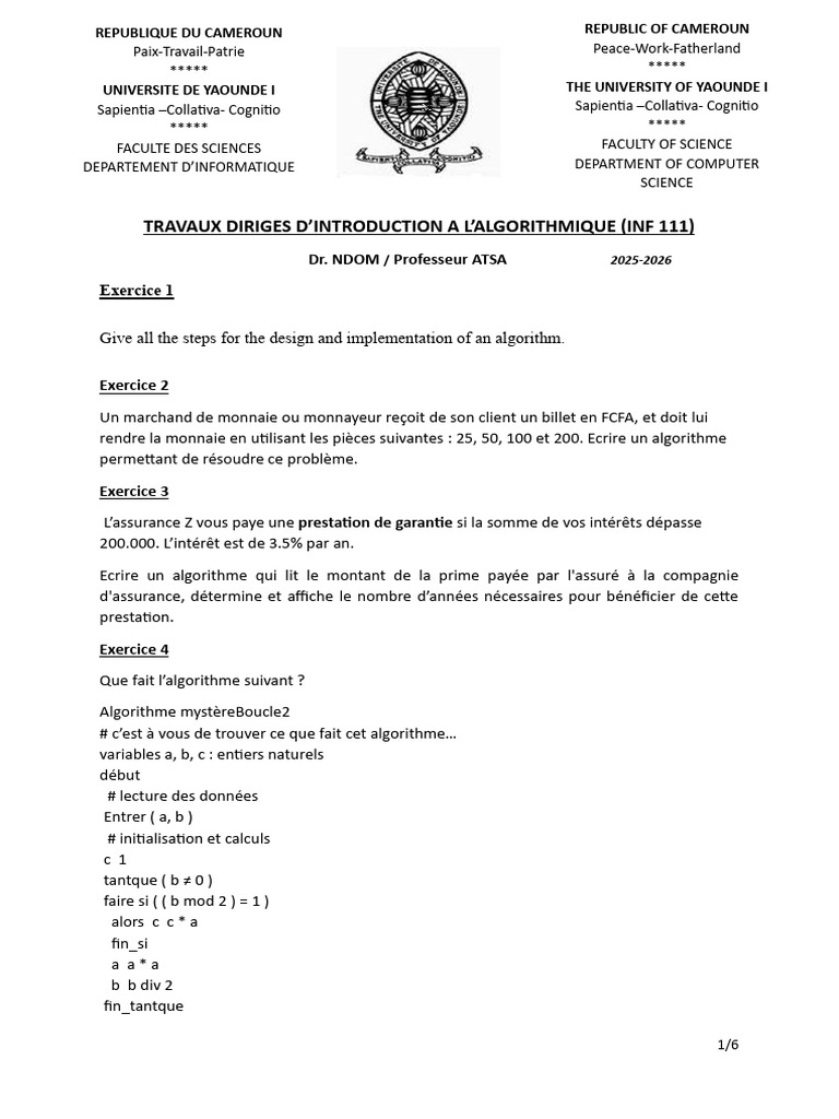 Exercices d'Algorithmique INF 111 | PDF | Nombre premier ...
