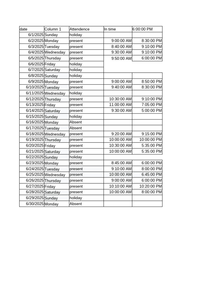 Attendance Log for June 2025 | PDF
