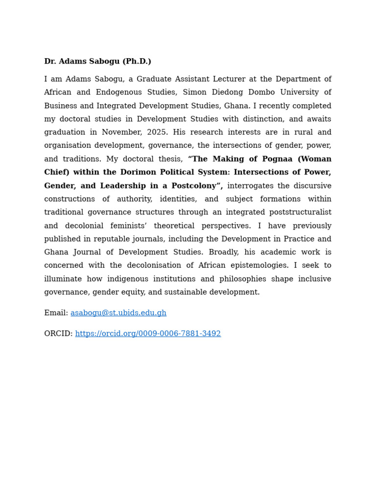 Dr. Adams Sabogu: Research in Development Studies | PDF