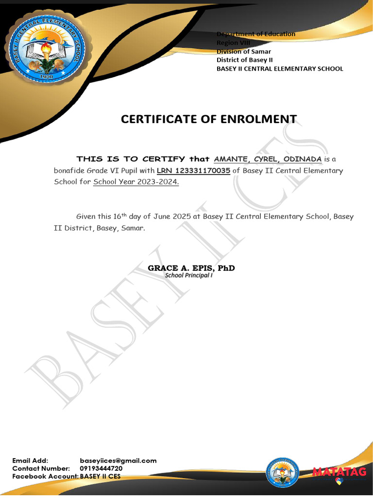 Certificate of Enrollment for Grade VI Student | PDF