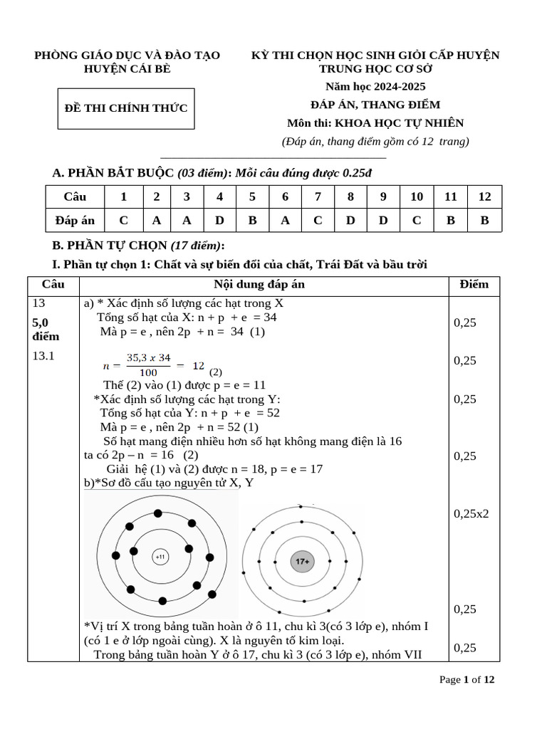 DapAn HSGHuyen Chinhthuc KHTN 1 | PDF