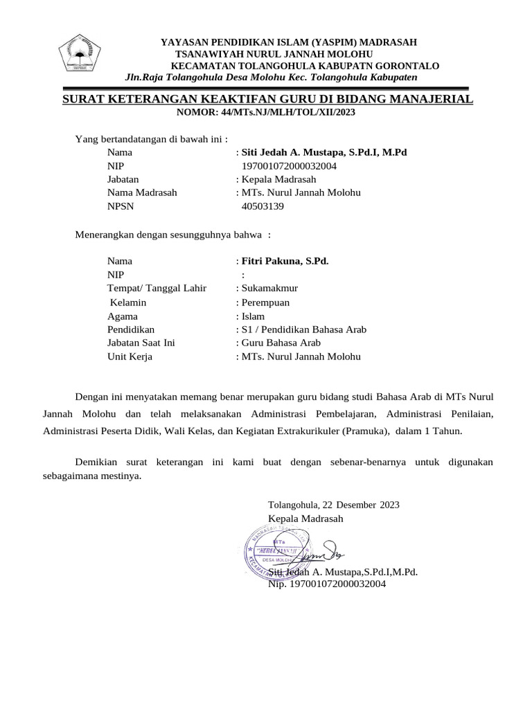 Keterangan Keaktifan Guru MTs Nurul Jannah | PDF