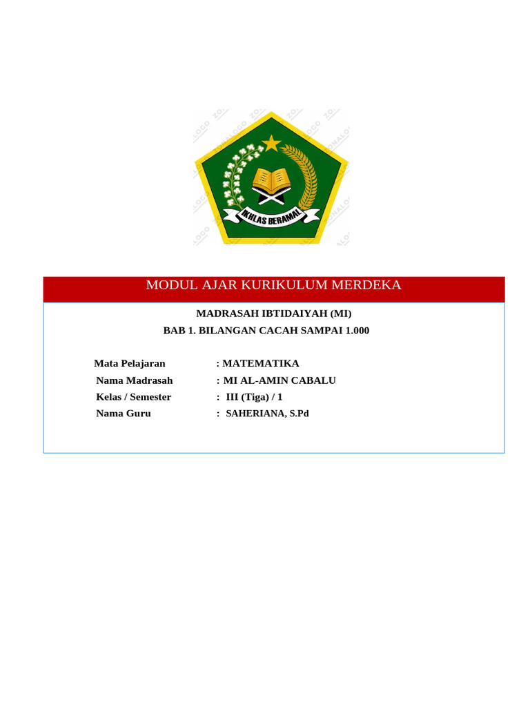 Modul Ajar Matematika Kls 3 Fase B Kurmer Bab 1 [Modulguruku.com] | PDF