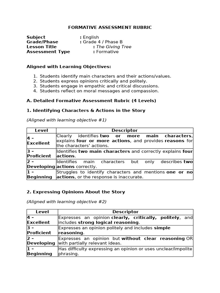 Grade 4 English Assessment Rubric | PDF | Empathy | Compassion