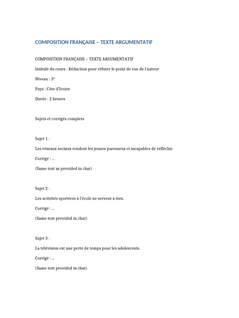 Rédaction d'arguments pour 3ᵉ | PDF